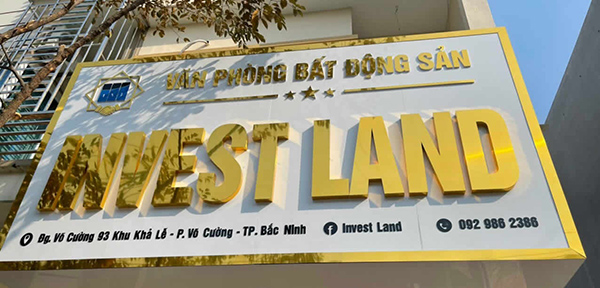 Mẫu bảng hiệu văn ph&ograve;ng bất động sản chữ nổi Inox