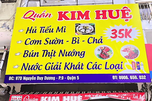 Mẫu bảng hiệu m&agrave;u v&agrave;ng cho qu&aacute;n ăn Kim Huệ