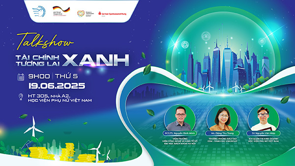 Mẫu thiết kế backdrop talkshow t&agrave;i ch&iacute;nh xanh v&agrave; tương lai xanh