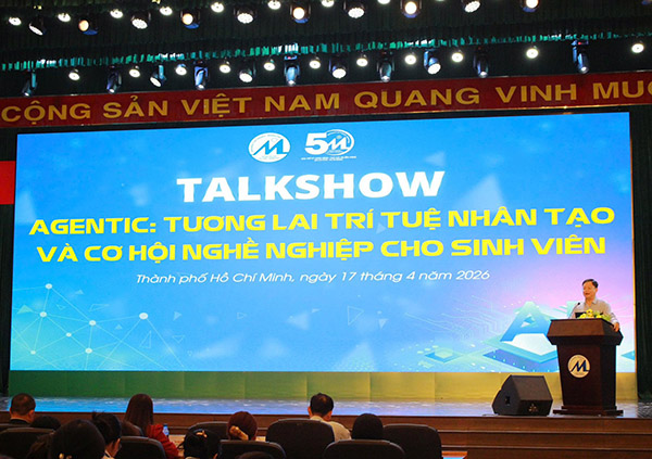 Mẫu backdrop talkshow sự kiện tương lại AI v&agrave; cơ hội việc l&agrave;m cho sinh vi&ecirc;n