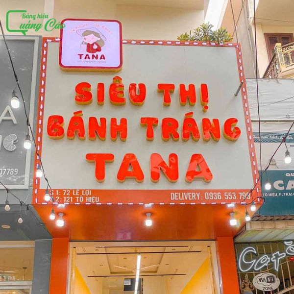 Bảng hiệu ăn vặt siêu thị bánh tráng TaNa