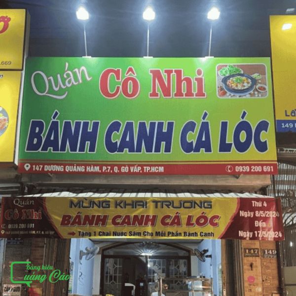Bảng hiệu quán bánh canh cô Nhi in bạt hiflex