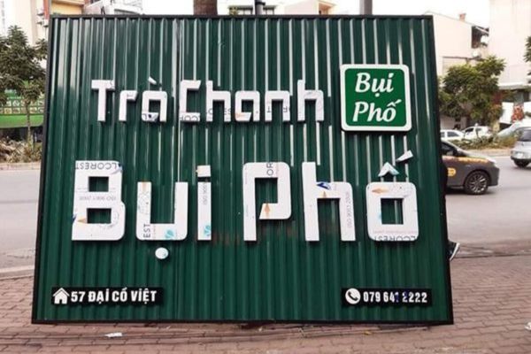 Thi công bảng hiệu trà chanh tôn sóng Bụi Phố