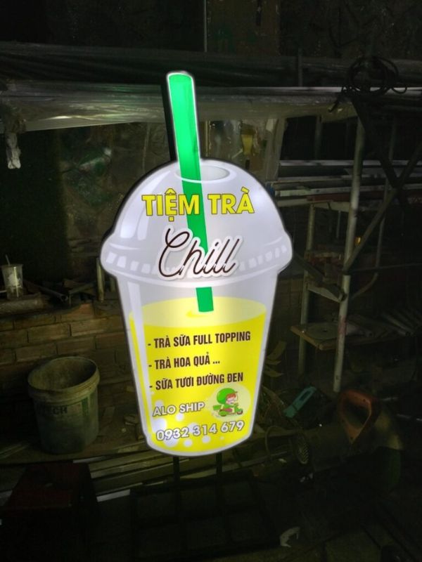 Thi công hộp đèn ly trà sữa, tiệm trà chill
